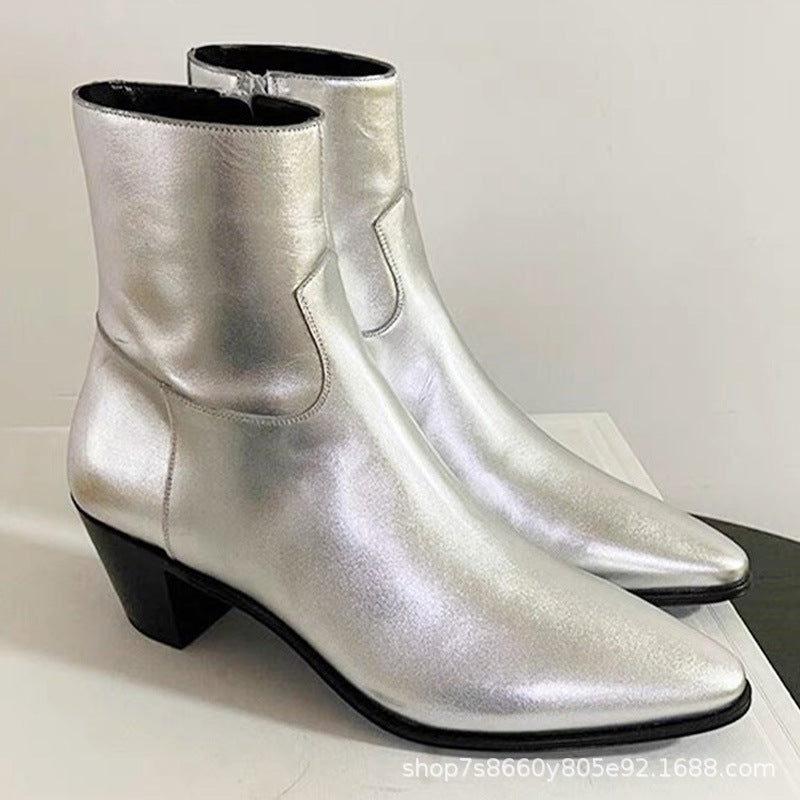 Brand new vintage ancient style men sliver boots point toe  zip up casual shinny leather booties party shoes male eprolo