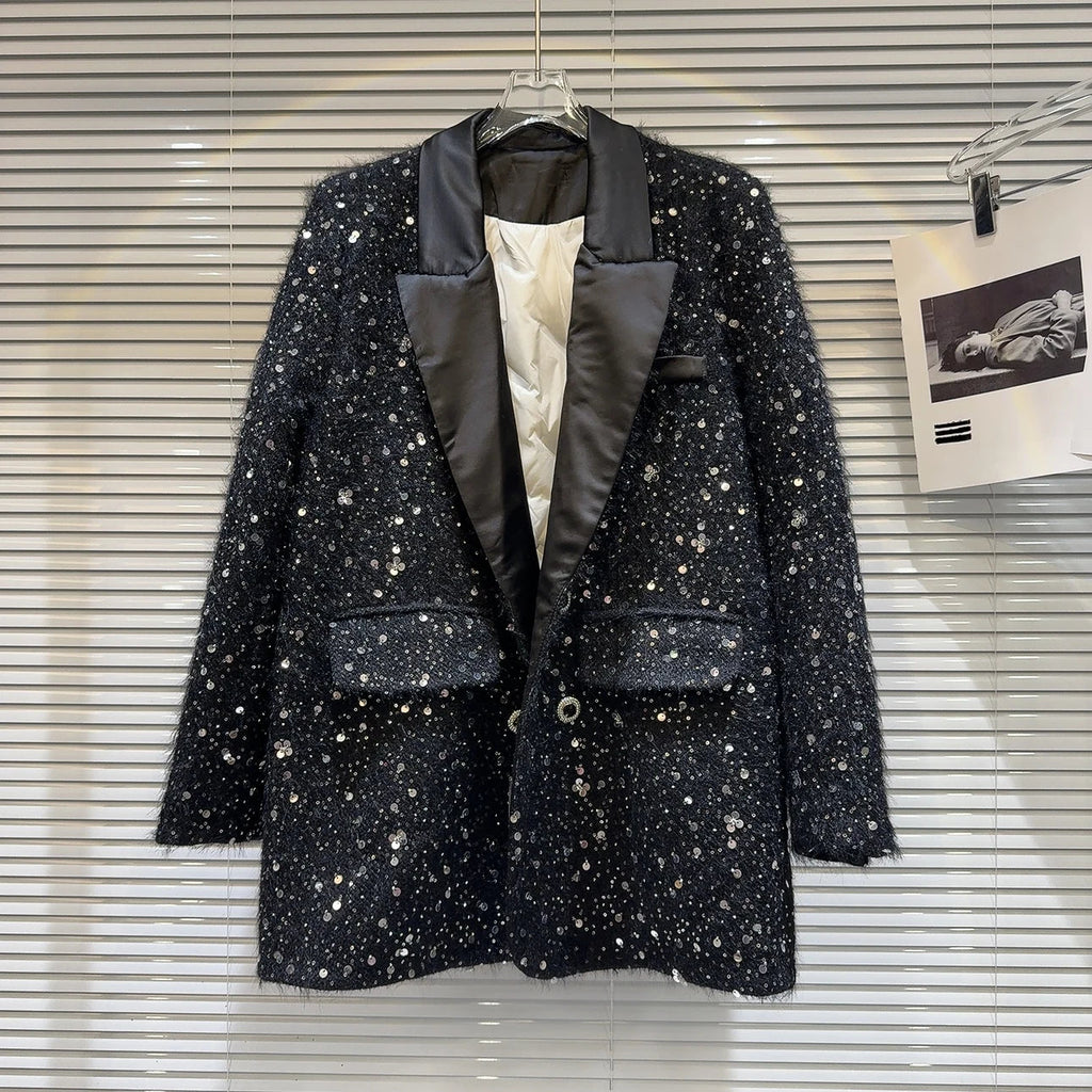 Trendy Fashion Women's Sequins Tweed Cotton Blazer Winter New Turn-down Collar Long Sleeve Button Coat Female eprolo