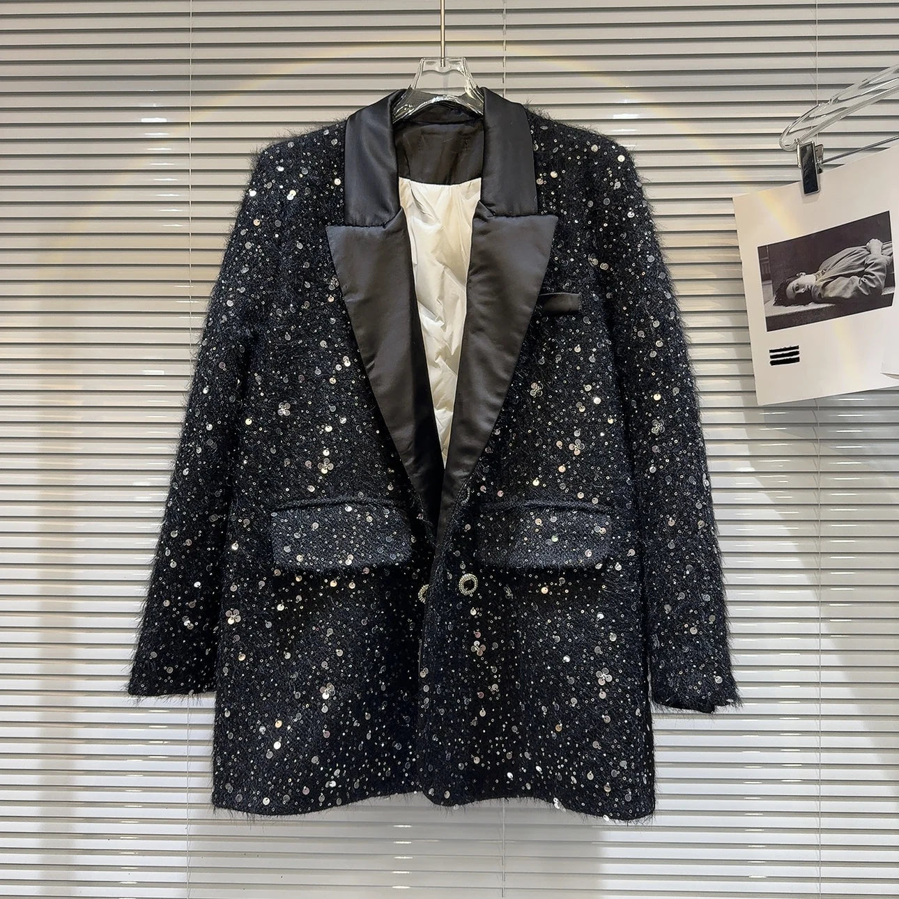 Trendy Fashion Women's Sequins Tweed Cotton Blazer Winter New Turn-down Collar Long Sleeve Button Coat Female eprolo