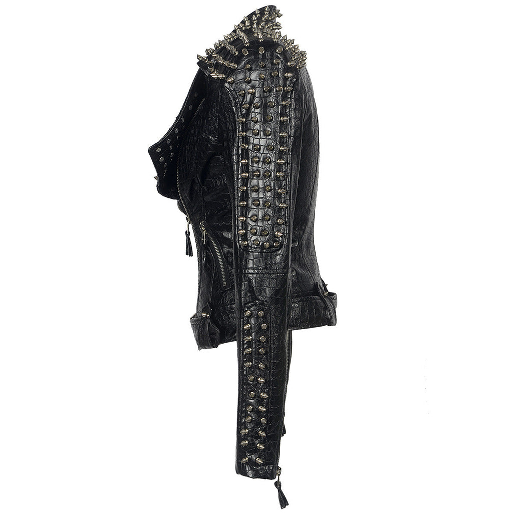 European And American Plus Size Rivet Short Stitching Motorcycle Leather Coat LittleYogaSocks