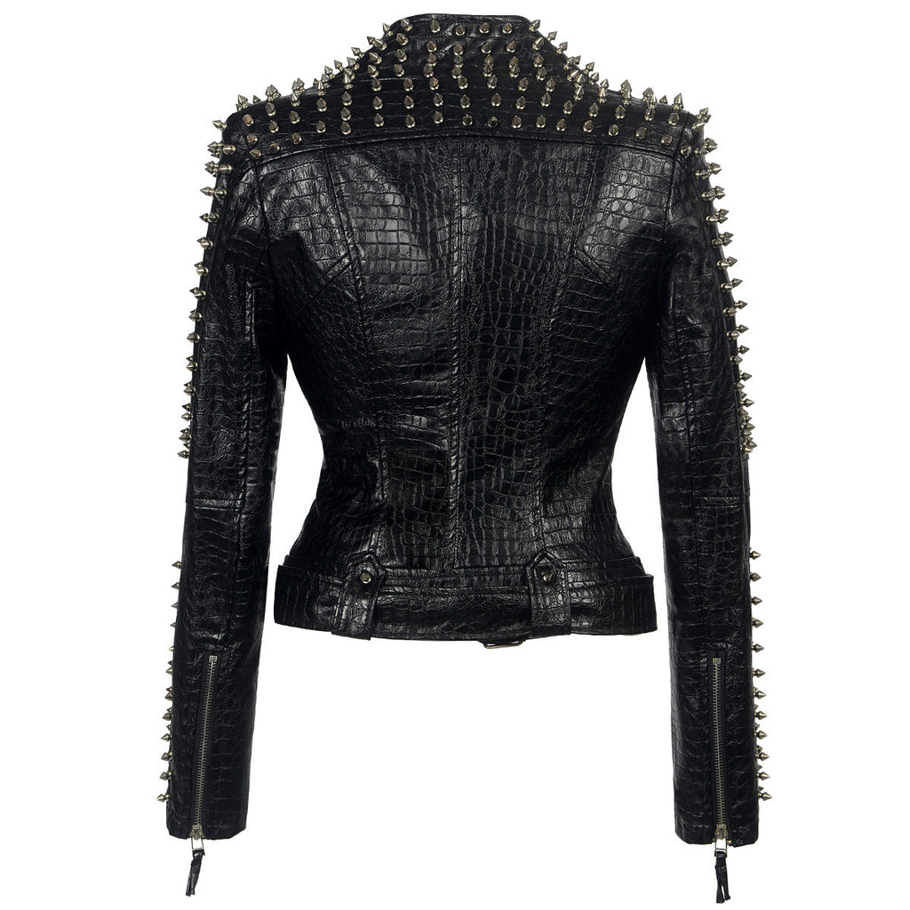 European And American Plus Size Rivet Short Stitching Motorcycle Leather Coat LittleYogaSocks
