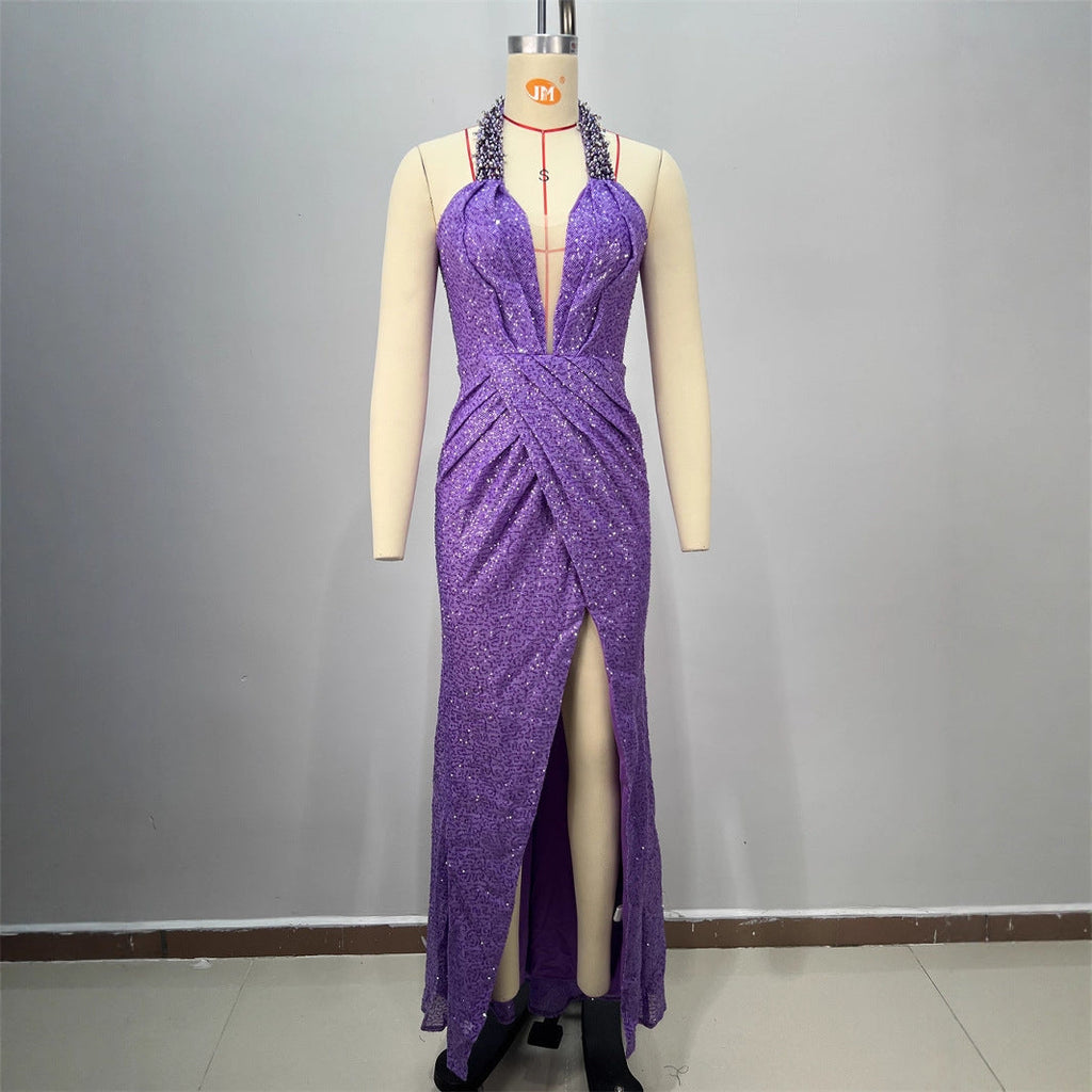 Sexy Women's Backless Off-the-Shoulder Sequined Casual Pleated Long Fitted Party Dress eprolo
