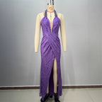 Sexy Women's Backless Off-the-Shoulder Sequined Casual Pleated Long Fitted Party Dress eprolo