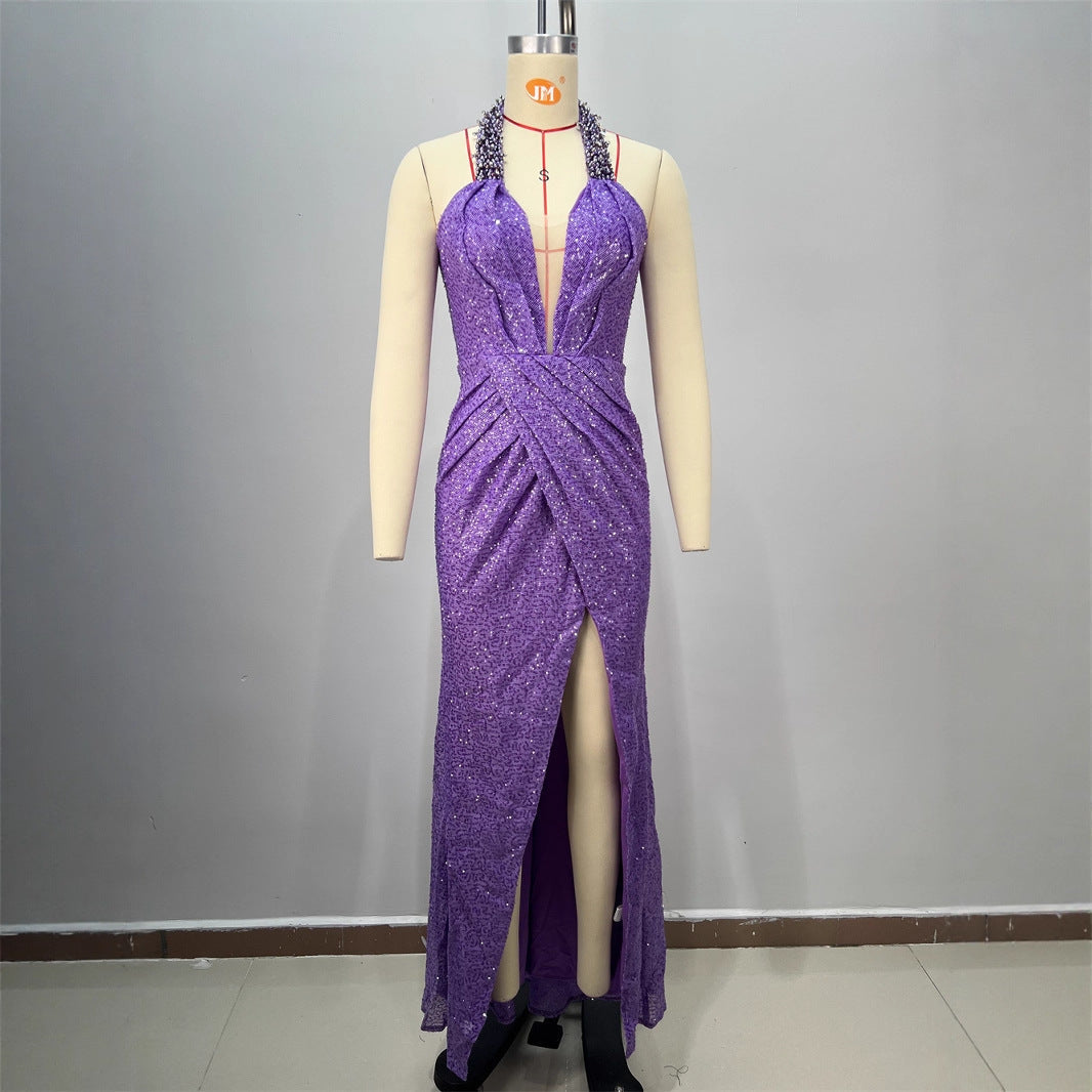Sexy Women's Backless Off-the-Shoulder Sequined Casual Pleated Long Fitted Party Dress eprolo