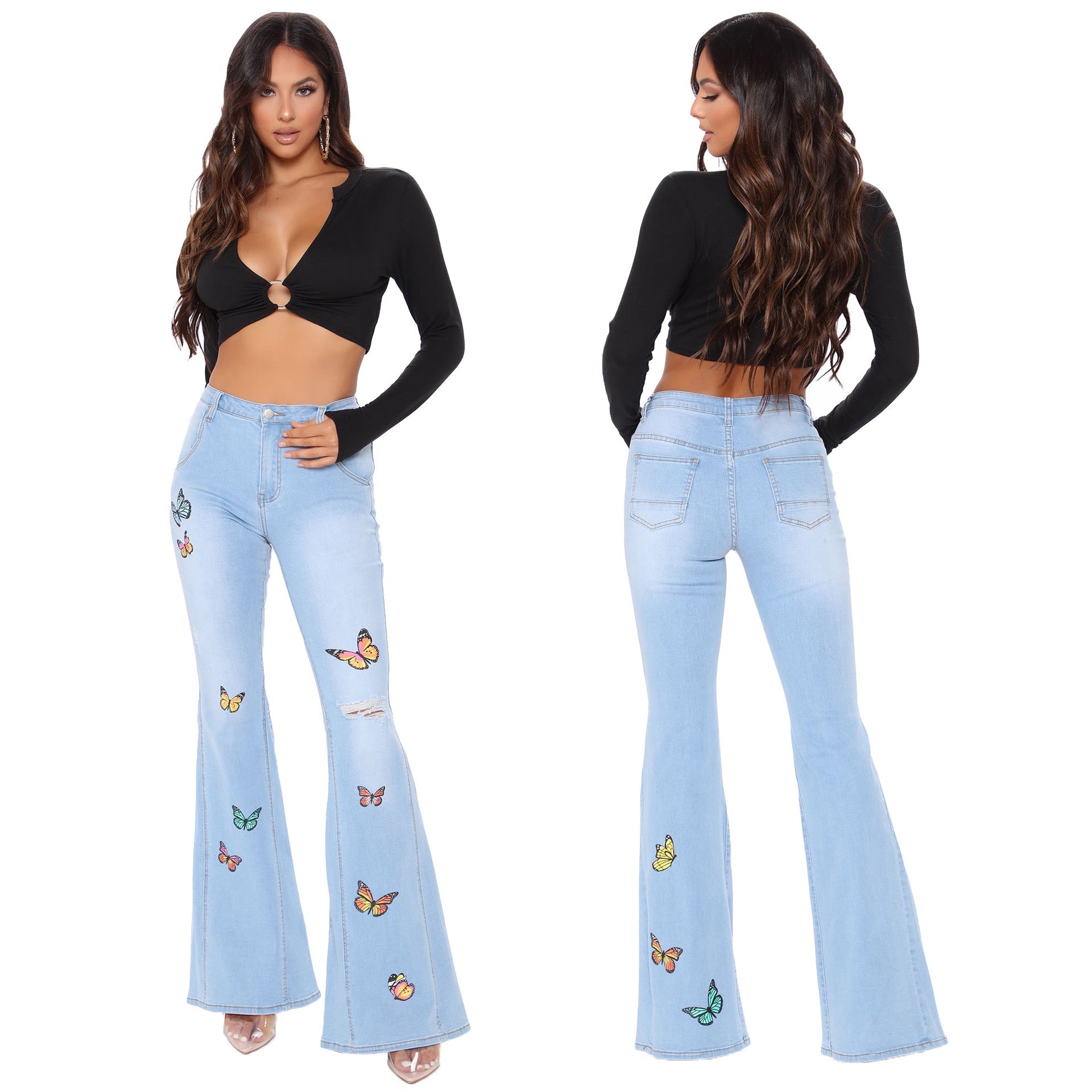 Tailored butterfly wide leg perforated high stretch flared pants eprolo