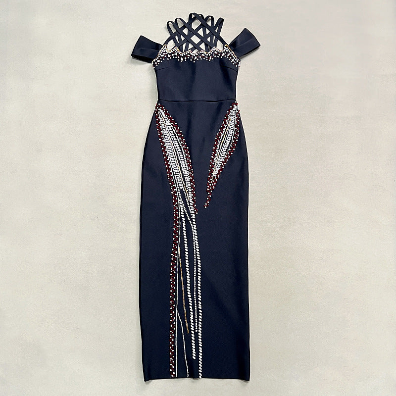 Elegant backless halter maxi dress with a fitted bodycon silhouette and beaded embellishments eprolo
