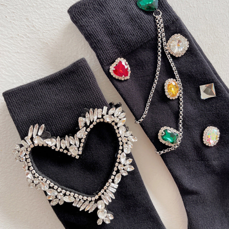 Summer and Spring European Luxury Love Diamond Black Chain Middle Tube Stacked Socks eprolo