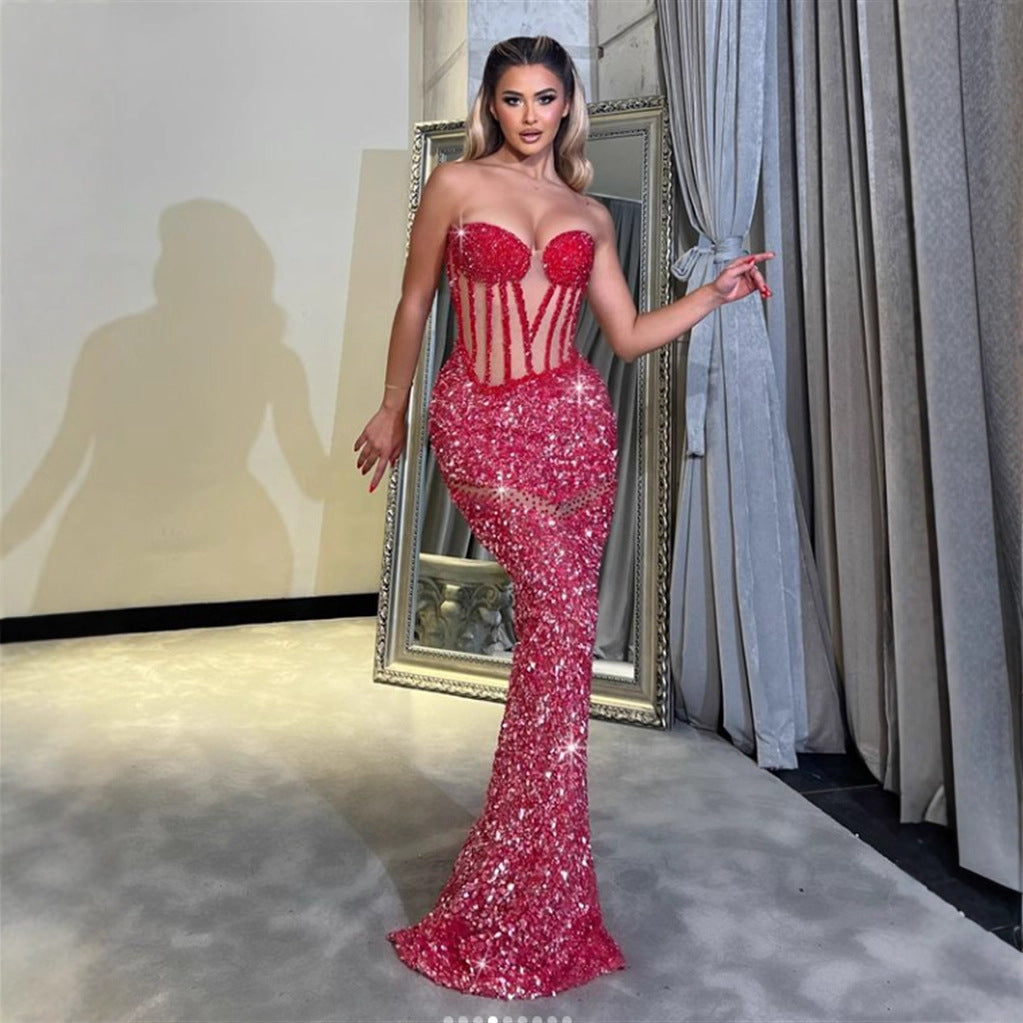 Sexy Sequined Sleeveless Halter Heavy Work Fitted Slimming Red Carpet Party Performance Gathering Dress eprolo