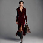 Autumn and Winter Women's Velvet Gorgeous Collar Zipper Front slit Long Dress eprolo