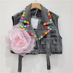 Suit collar ribbon flower denim vest women's vest eprolo