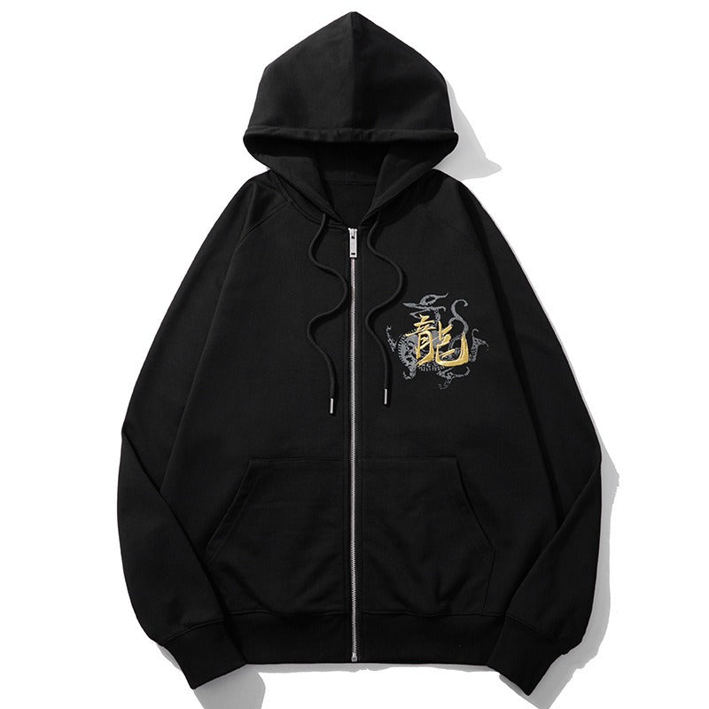 Heavy industry embroidered golden dragon sweatshirt men loose autumn pure cotton national trend jacket men eprolo