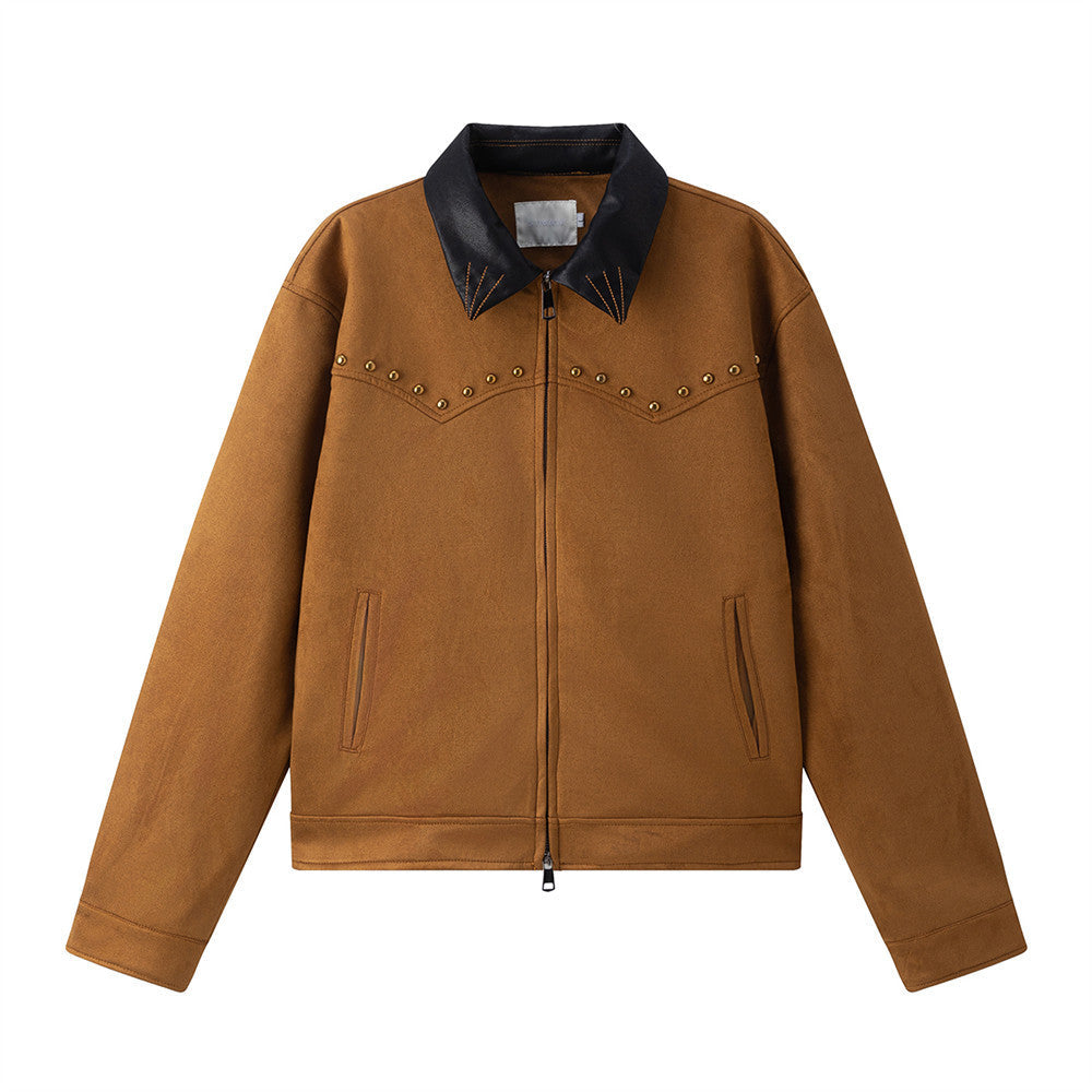 Retro Color-Block Notched Collar Workwear Short Jacket with Rivet Design and Double-Headed Zipper for Men eprolo
