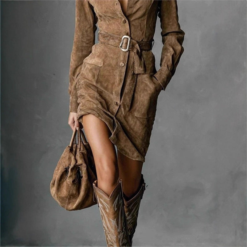 Fashionable Suede Single-Breasted Shirt Dress with Belt, Short Skirt Style eprolo