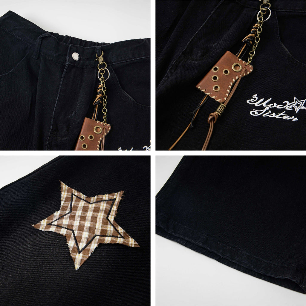Retro Spliced Star Applique Embroidery Design Loose Casual Trendy Straight Jeans for Men and Women eprolo
