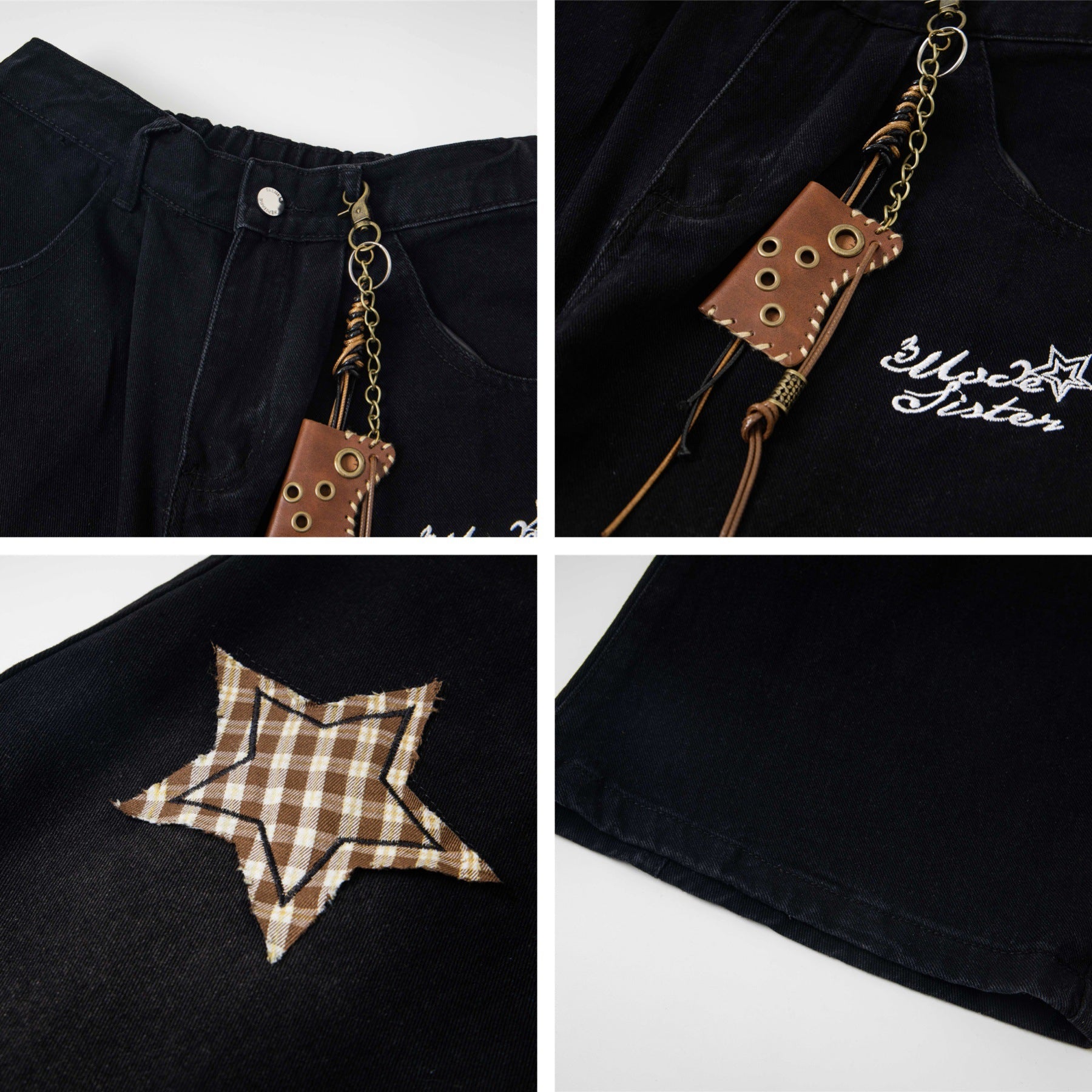 Retro Spliced Star Applique Embroidery Design Loose Casual Trendy Straight Jeans for Men and Women eprolo