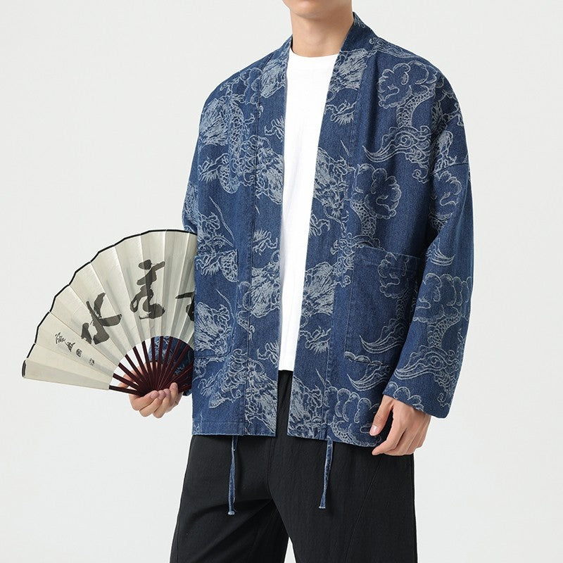 Style Loose Fit Denim Jacket with Dragon Robe Print for Men eprolo
