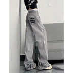 High Street Vibe Letter Print Jeans Women West Coast American Style Vintage Distressed Straight Leg Long Pants eprolo