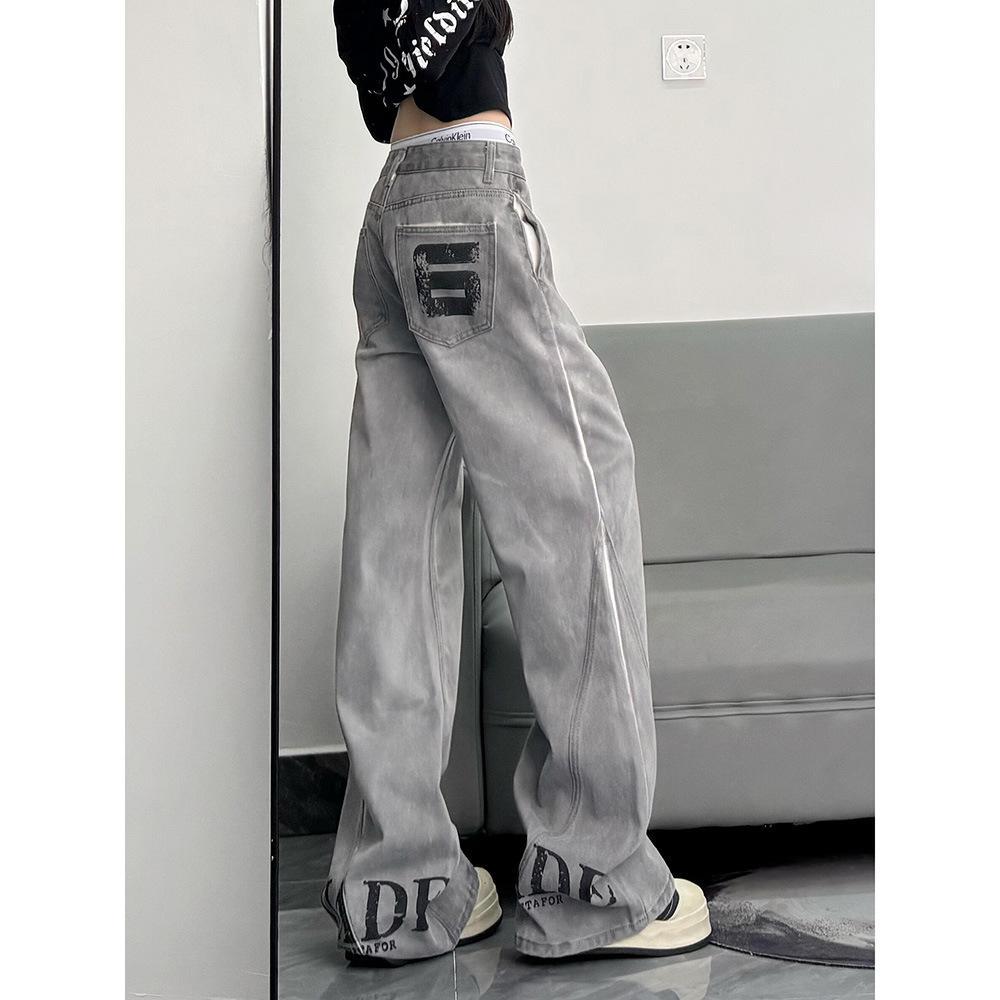 High Street Vibe Letter Print Jeans Women West Coast American Style Vintage Distressed Straight Leg Long Pants eprolo