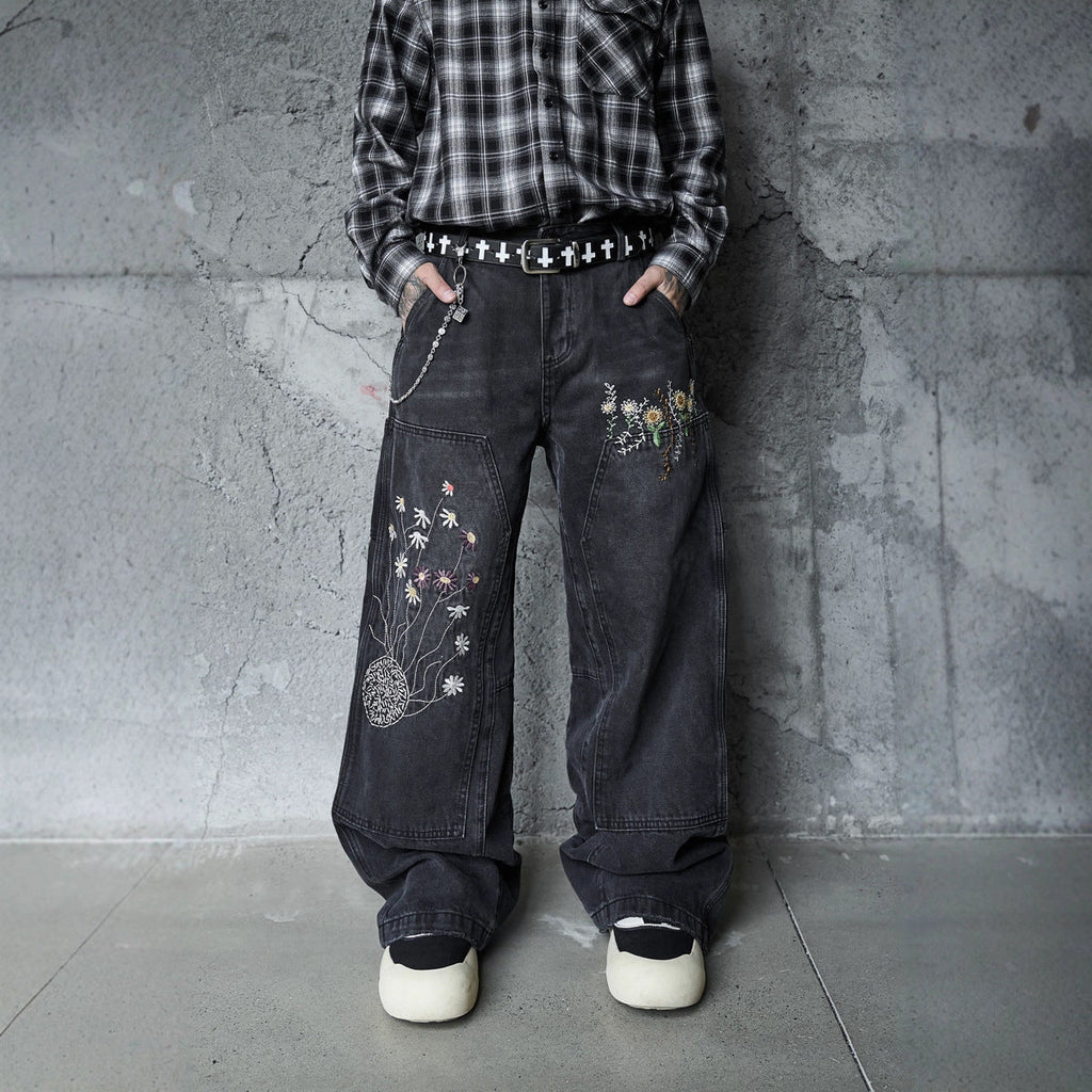 Casual Knife-Edge Pants for Men, Loose Straight-Leg Patchwork Denim Pants, Embroidered Wide-Leg Long Pants eprolo