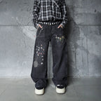 Casual Knife-Edge Pants for Men, Loose Straight-Leg Patchwork Denim Pants, Embroidered Wide-Leg Long Pants eprolo