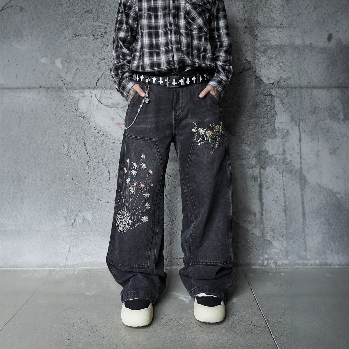 Casual Knife-Edge Pants for Men, Loose Straight-Leg Patchwork Denim Pants, Embroidered Wide-Leg Long Pants eprolo