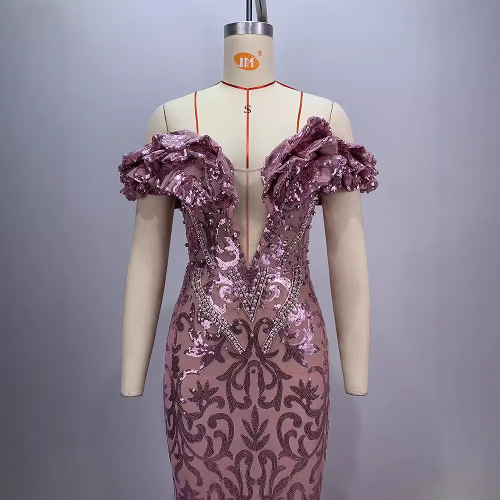 European and American style pink sexy and charming mesh evening dress eprolo