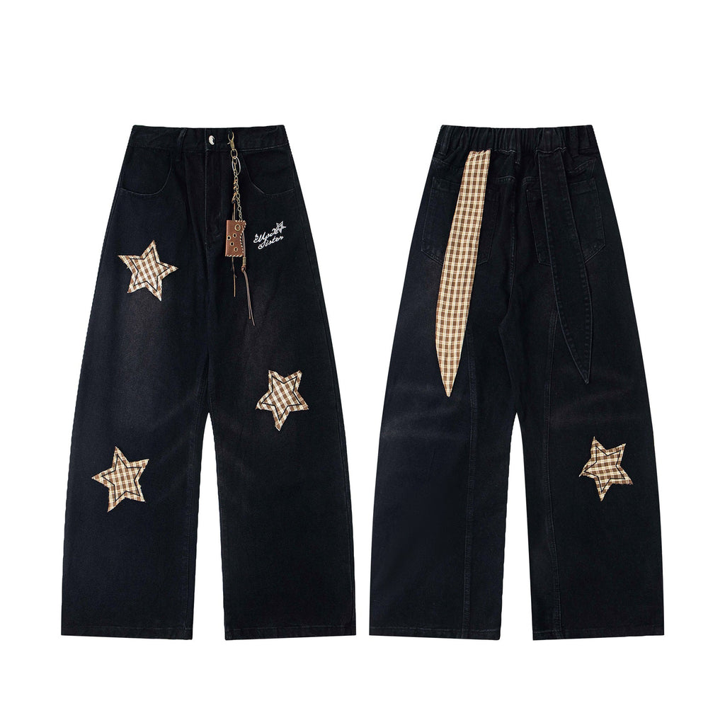 Retro Spliced Star Applique Embroidery Design Loose Casual Trendy Straight Jeans for Men and Women eprolo