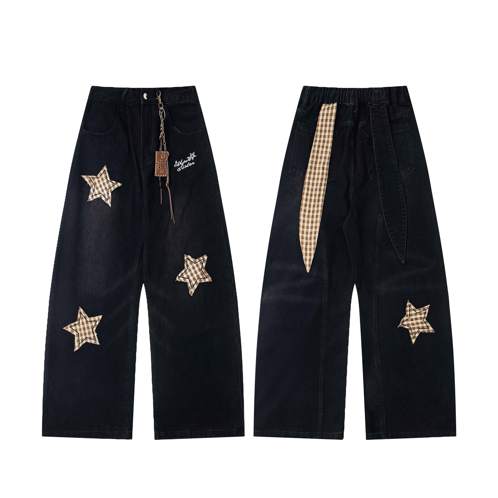 Retro Spliced Star Applique Embroidery Design Loose Casual Trendy Straight Jeans for Men and Women eprolo