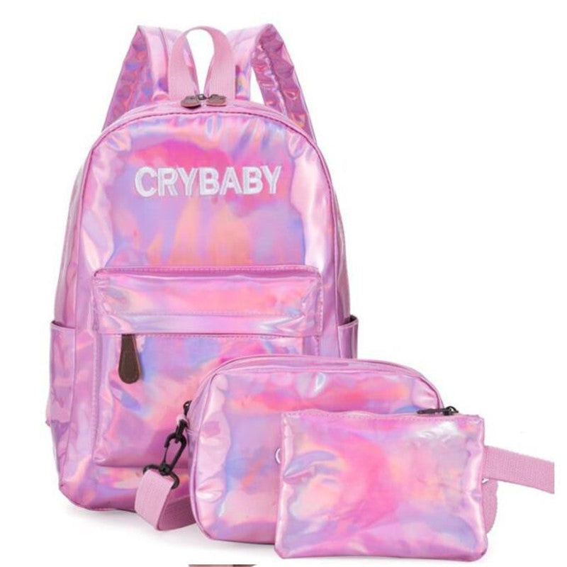 Holographic Laser Backpack Embroidered Crybaby Letters Hologram Backpack set School Bag +shoulder bags +penbags 3pcs/set eprolo