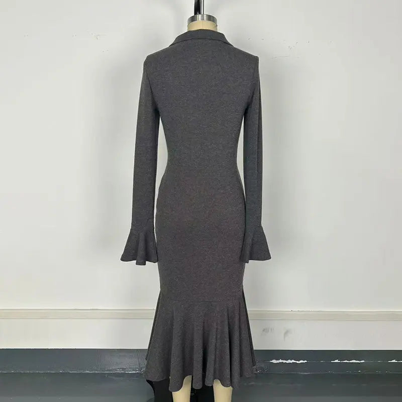 Women's Half Zip Bodycon Dress - Flared Sleeve & Fishtail Hem Long Sleeve Dress VELORIA - Thread of Generations