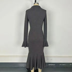 Women's Half Zip Bodycon Dress - Flared Sleeve & Fishtail Hem Long Sleeve Dress VELORIA - Thread of Generations