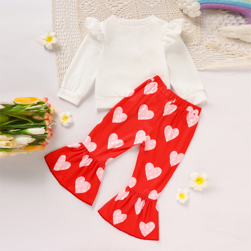 Toddler Girl's Heart Print 2-Piece Set, Crewneck Long Sleeve Ruffle Top & Flare Leg Pants VELORIA - Thread of Generations