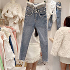 High Rise Single Breasted Jeans With Beads And Wool Stitching LittleYogaSocks