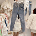 High Rise Single Breasted Jeans With Beads And Wool Stitching LittleYogaSocks
