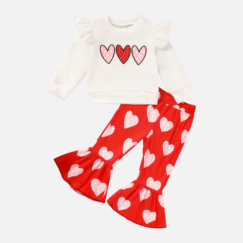 Toddler Girl's Heart Print 2-Piece Set, Crewneck Long Sleeve Ruffle Top & Flare Leg Pants VELORIA - Thread of Generations