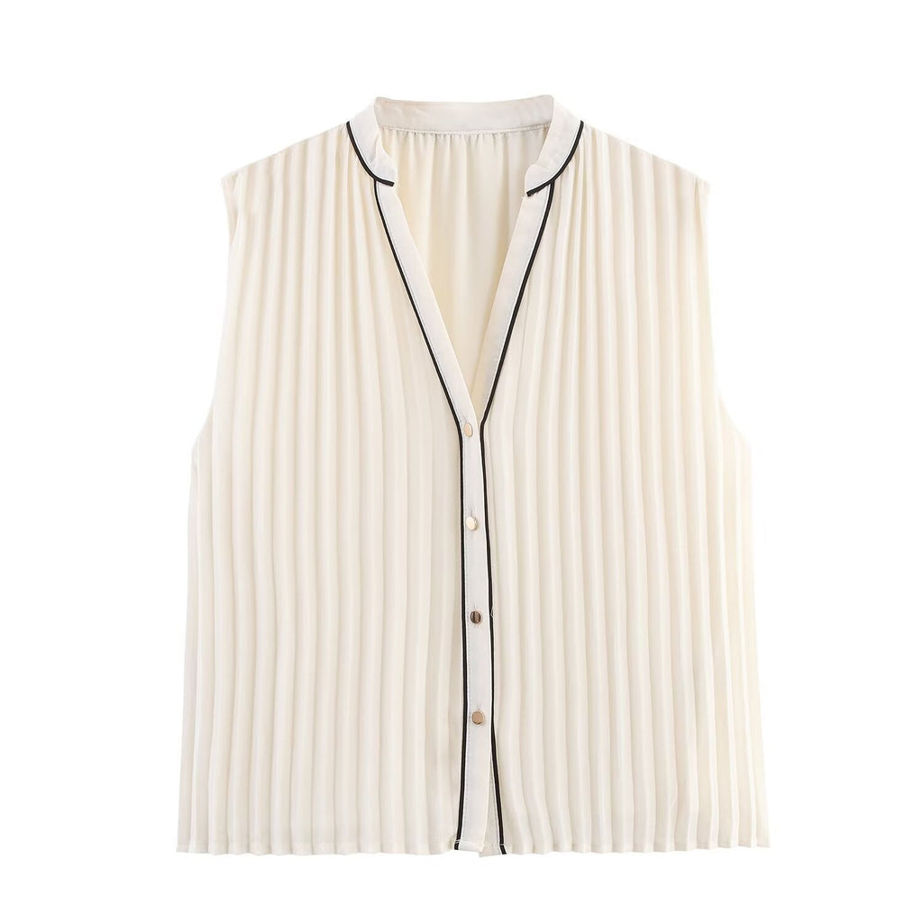 Color blocking trimmed pleated shirt+skirt set eprolo