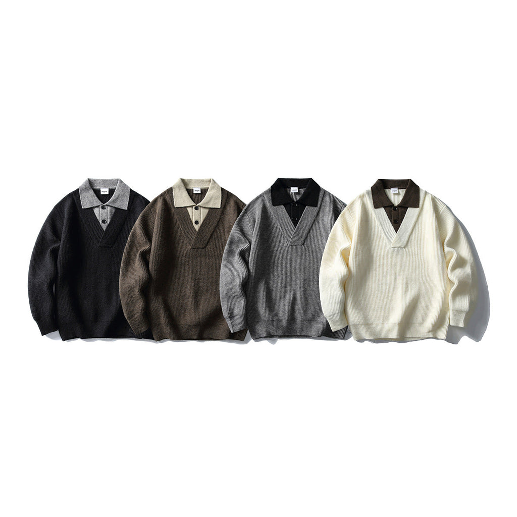 Color Block Long Sleeve V-neck Flip Collar Loose Fit Knit Sweater for Men eprolo