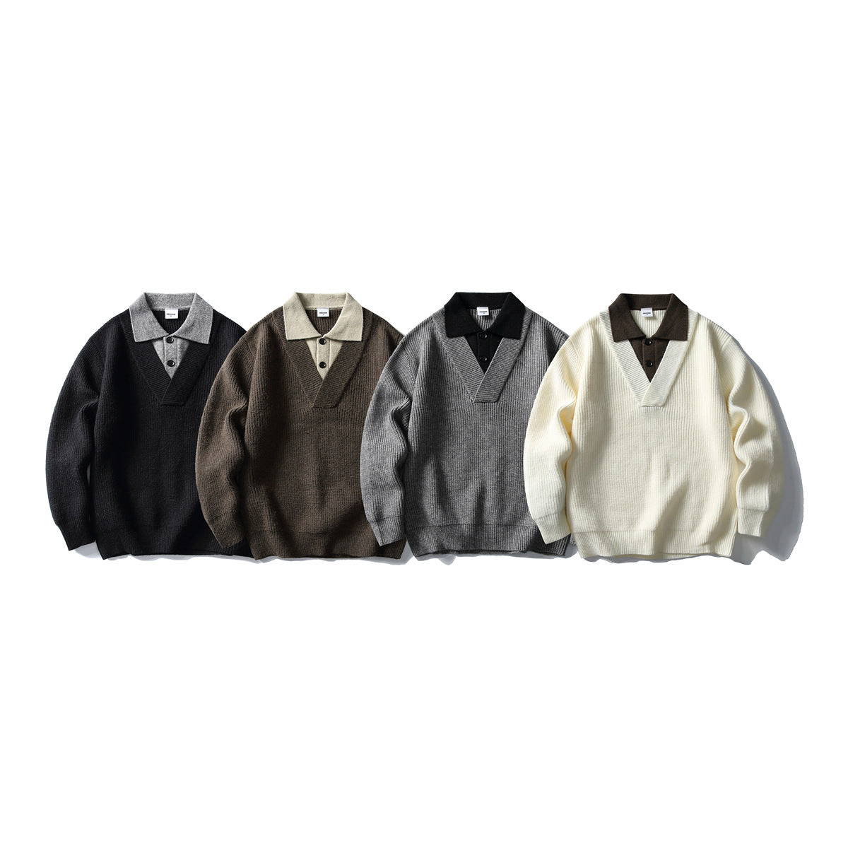 Color Block Long Sleeve V-neck Flip Collar Loose Fit Knit Sweater for Men eprolo