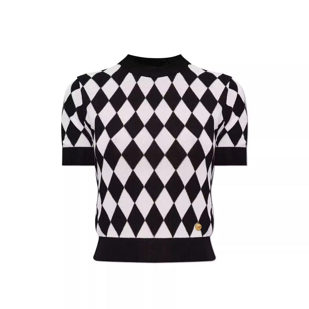 High quality short sleeved niche knitwear women's new diamond grid age reducing shirt top eprolo