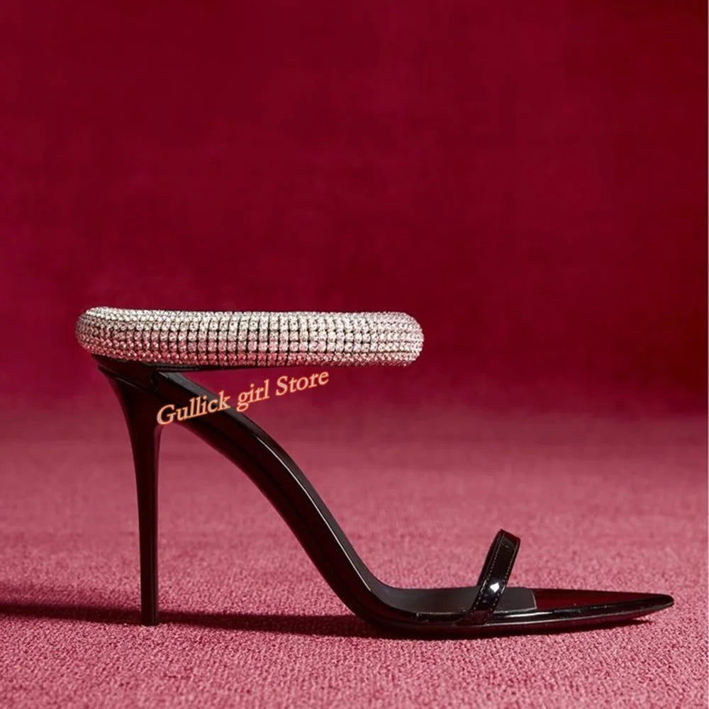 Top Quality Crystal Strap Stiletto Sandals Sexy Pointed Toe Black Patend Leather Slip On Fashion   Summer New Arrivals Shoes eprolo