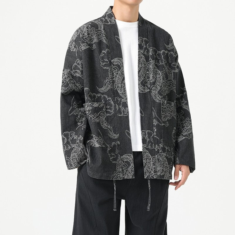 Style Loose Fit Denim Jacket with Dragon Robe Print for Men eprolo