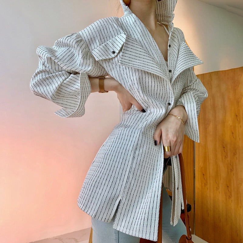Spring New Casual Slim Type With Suit Collar Side Opening Long-Sleeved Fashion Striped Women's Shirt eprolo