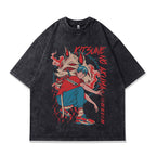 Dark Anime Print Short Sleeve T-Shirt for Men and Women Vintage American Retro Heavyweight Washed Aged eprolo