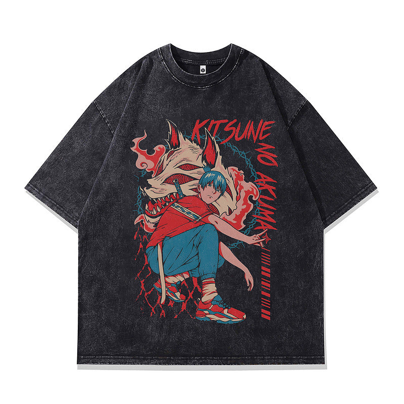 Dark Anime Print Short Sleeve T-Shirt for Men and Women Vintage American Retro Heavyweight Washed Aged eprolo