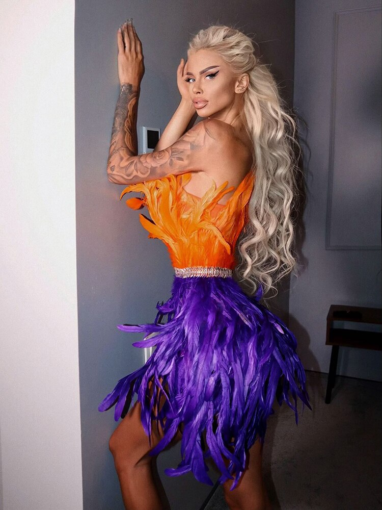 PB Stylish High Waist Feather Crystal Design Mini Dress Sexy Strapless Sleeveless Celebrity Party Club eprolo