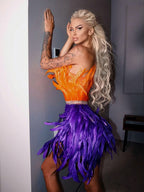 PB Stylish High Waist Feather Crystal Design Mini Dress Sexy Strapless Sleeveless Celebrity Party Club eprolo