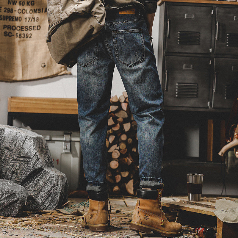 American Retro Classic-inspired men's jeans with a modern fit and durable construction. The rich indigo wash and quality denim hold their shape through everyday wear, making them a versatile wardrobe essential. LittleYogaSocks