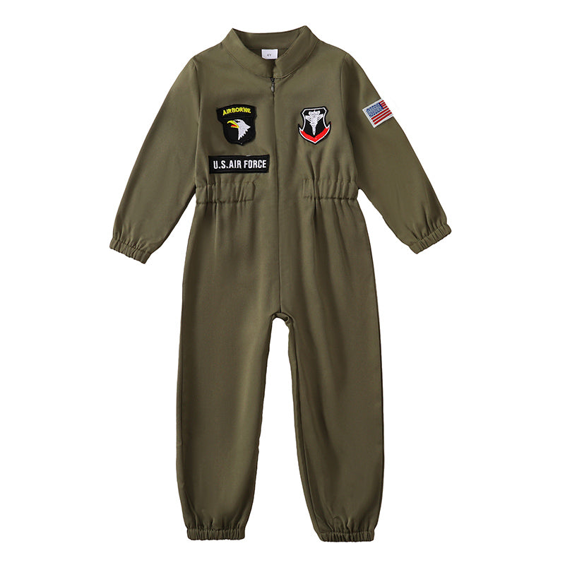 Toddler Boys Pilot Jumpsuit Army Green Long Sleeve Romper, Perfect For Birthday Party Outfits VELORIA - Thread of Generations