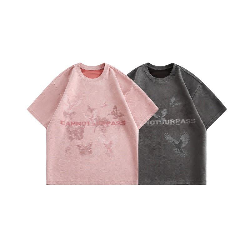 Butterfly letter printed suede short sleeved T-shirt for men eprolo