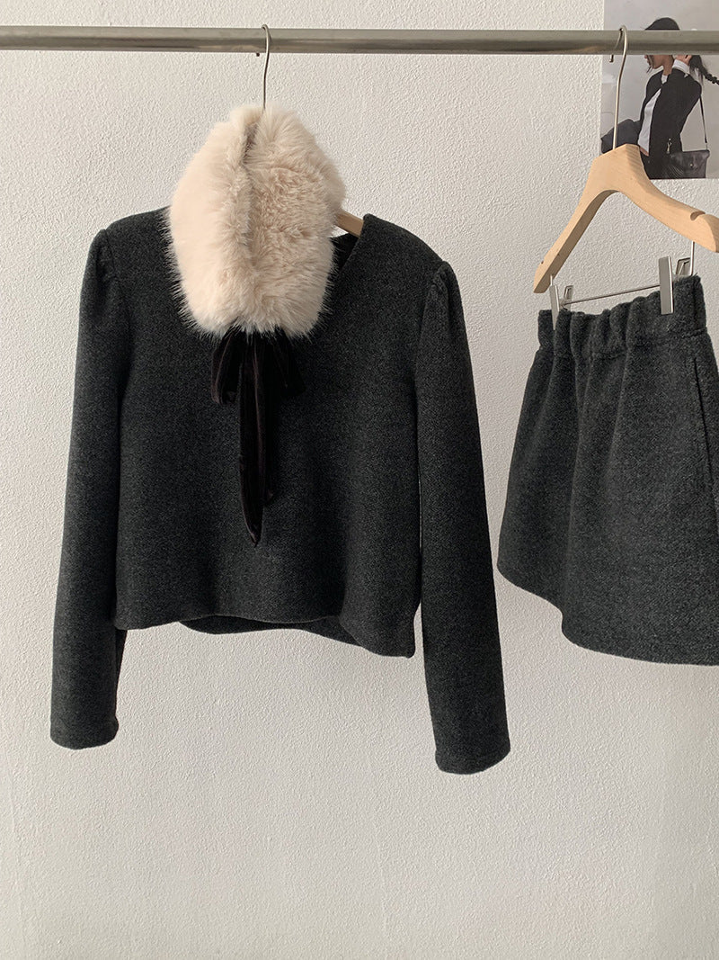 Christmas New Year Winter Rich Girl V-Neck Long Sleeve Top + Skirt Two-Piece Set eprolo